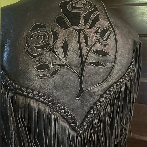 Black Fringe Leather Jacket vintage biker motorcycle jacket - Picture 5 of 10